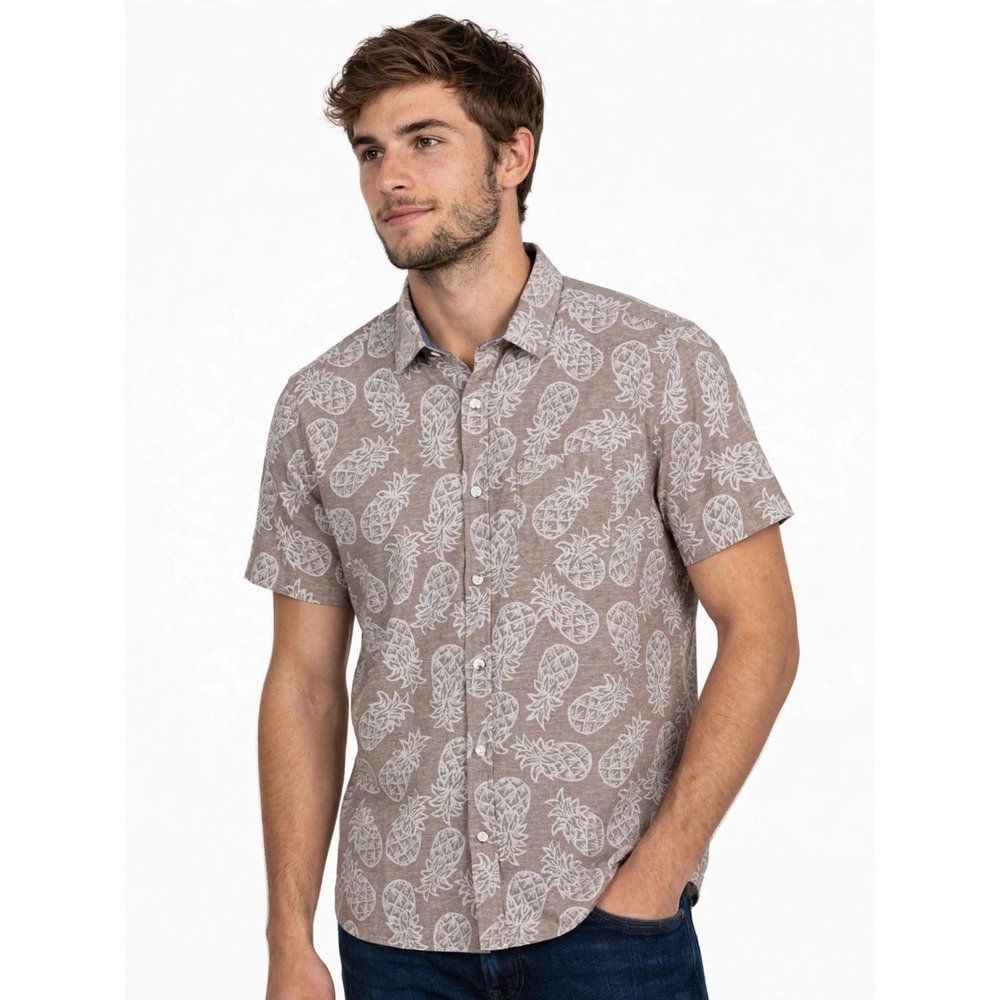 Eventide Pineapple Shirt L Linen Blend Button Front Summer Vacation Coastal Vibe